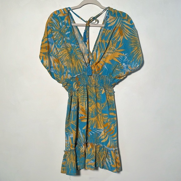 blue island Dresses & Skirts - BLUE ISLAND Resort Pool Palm Print Double V Cap SLV Smock Waist Cover Up Dress M